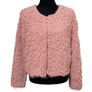 Candie’s Pink Faux Fur Cropped Jacket Small Fluffy Shag Zip Y2K Retro Party Coat
